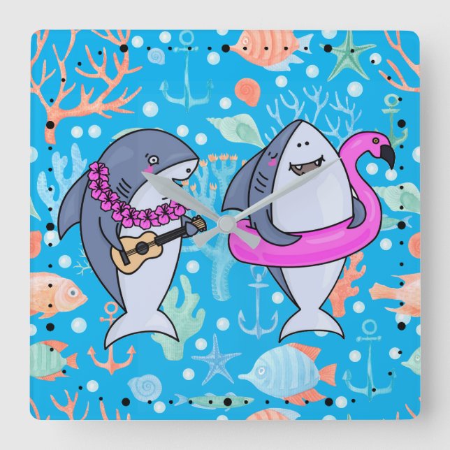 Horloge Carrée Funny Shark Sous la mer Coral Party Ukulele (Recto)