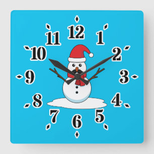 Horloge Carrée Funny Snowman avec Moustache et carotte