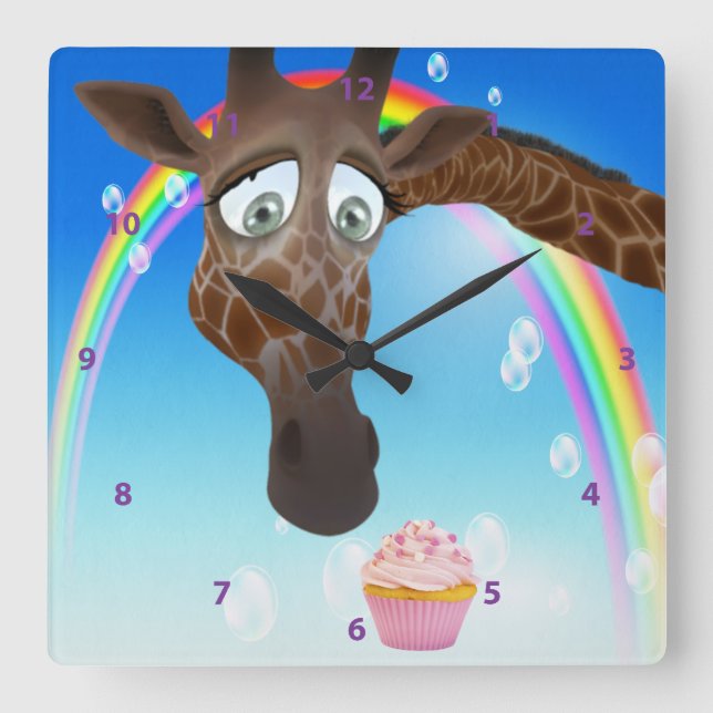 Horloge Carrée Funny Whimsical Giraffe, Cupcake et Rainbow (Recto)