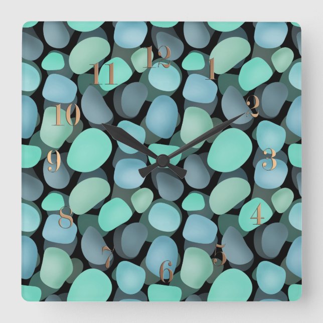 Horloge Carrée Galets de mer bleus et verts (Recto)