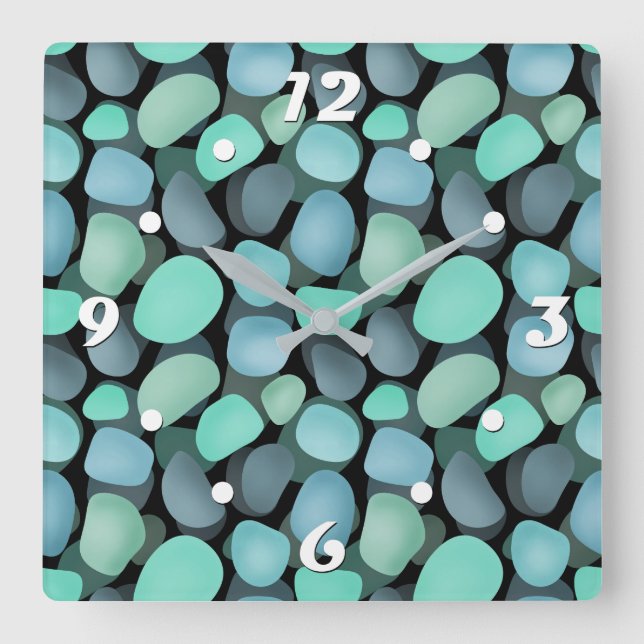 Horloge Carrée Galets de mer bleus et verts (Recto)