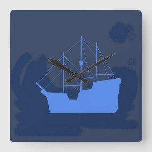 Horloge Carrée Galleon Bleu Mystérieux en Silhouette à Minuit