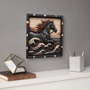 Horloge Carrée Gallop de vagues sculptées : Cheval à l'allure boi