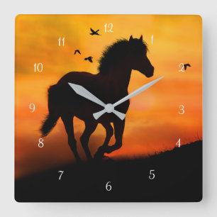 Horloge Carrée Galloping Horse and Birds in Sunset