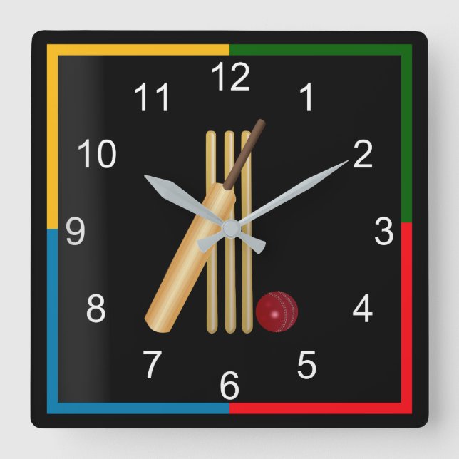 Horloge Carrée Game of Cricket, Wicket, bat and ball (Recto)