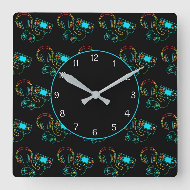 Horloge Carrée Gamer Retro Neon Motif Noir (Recto)