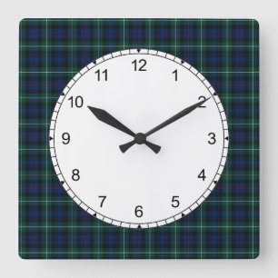 Horloge Carrée Gamme Mackenzie Tartan foncé vert et bleu plaid