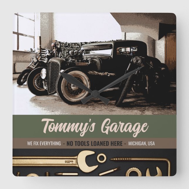 Horloge Carrée Garage mécanique de moto sur mesure (Recto)