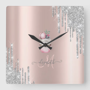 Horloge Carrée Gâteau avec Monogramme en Or Rose et Gouttes de Pa