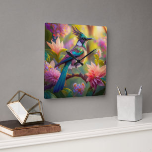 Horloge Carrée Geai à tête verte, oiseau de fantaisie
