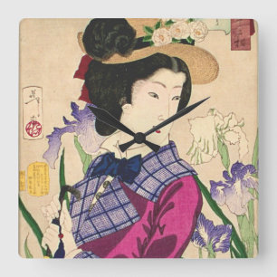Horloge Carrée Geisha and Irises Japanese Woodblock Art Ukiyo-e