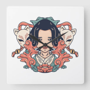 Horloge Carrée Geisha Et Kitsune