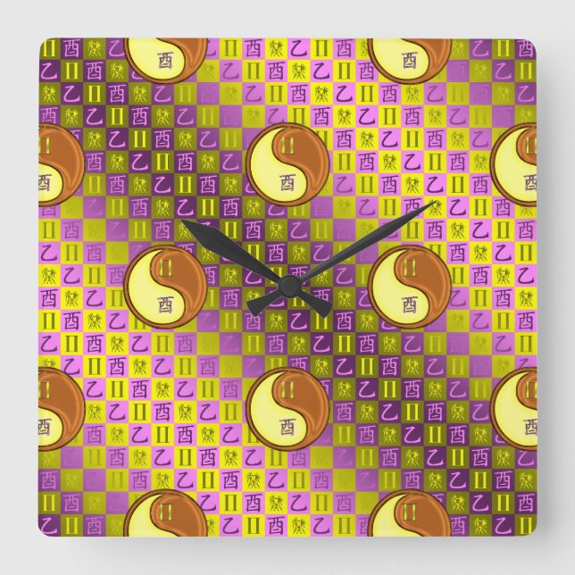 Horloge Carrée Gémeaux & Coq de Bois (Recto)