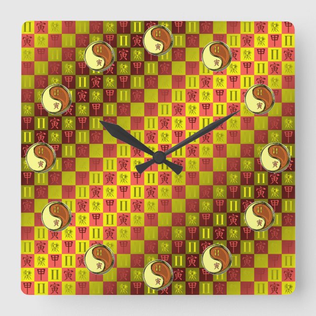 Horloge Carrée Gémeaux & Tigre de Bois (Recto)