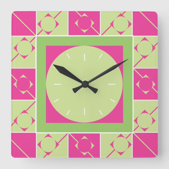 Horloge Carrée Geo Plaid Rose/Vert (Recto)