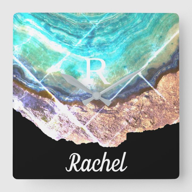 Horloge Carrée Géode Agate Monogramme Nom Modèle Étincelle verte (Recto)