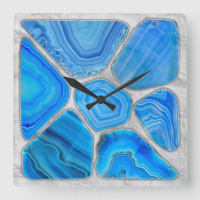 Horloge Carrée Géode Bleu Agate Mosaïque Fleur art (Recto)