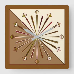 Horloge Carrée Geometric Sunburst, Brown, Taupe et Beige
