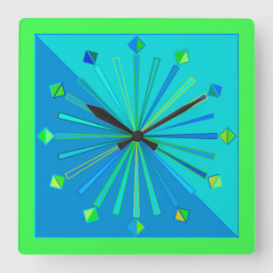 Horloge Carrée Geometric Sunburst, Turquoise & Lime Green