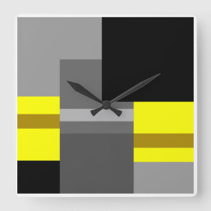 Horloge Carrée Géométrie de bauhaus noir, gris et jaune