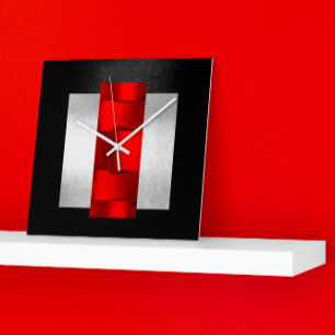 Horloge Carrée Géométrie moderne gris rouge argent noir Oriental 