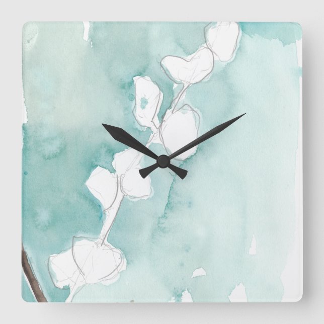 Horloge Carrée Ginkgo sur Dusty Turquoise - Blanc (Recto)