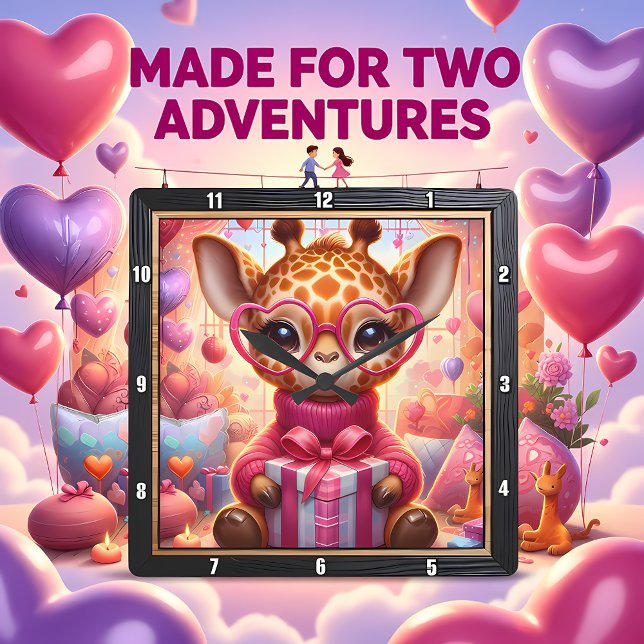 Horloge Carrée Girafe aux Lunettes Roses Saint Valentin (Créateur téléchargé)
