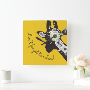 Horloge Carrée Girafe drôle funky jaune de relaxation