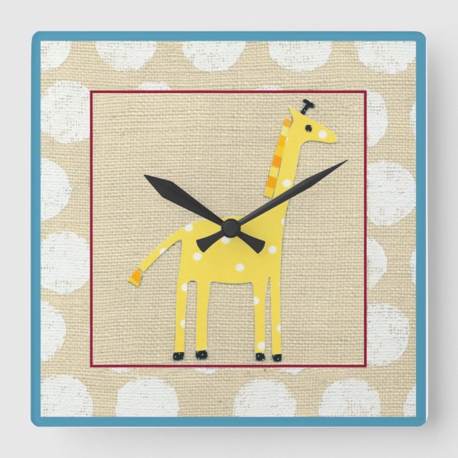 Horloge Carrée Girafe jaune avec Pois blancs (Recto)