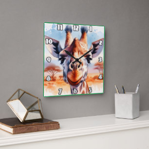 Horloge Carrée Girafe majestueuse contemplant la savane africaine