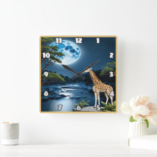 Horloge Carrée Girafe Sur La Rivière Lune Sous Starlit Sky