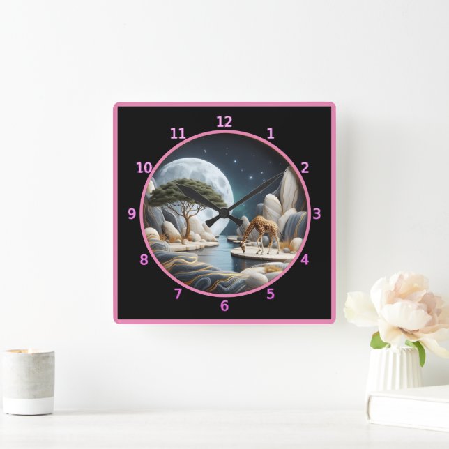Horloge Carrée Giraffe à l'eau lune en Afrique (Maison)