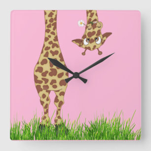 Horloge Carrée Giraffe avec marguerite sur rose