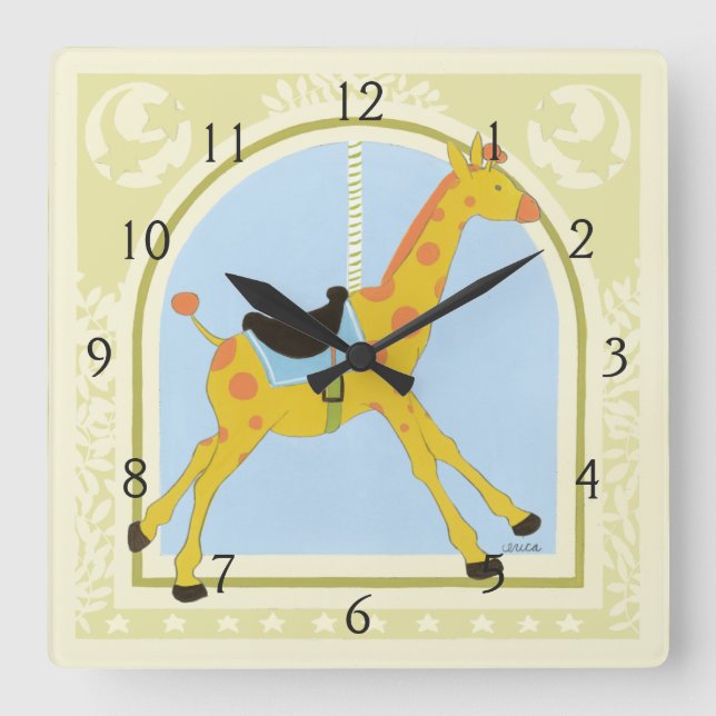 Horloge Carrée Giraffe de carrousel par Juin Erica Vess (Recto)