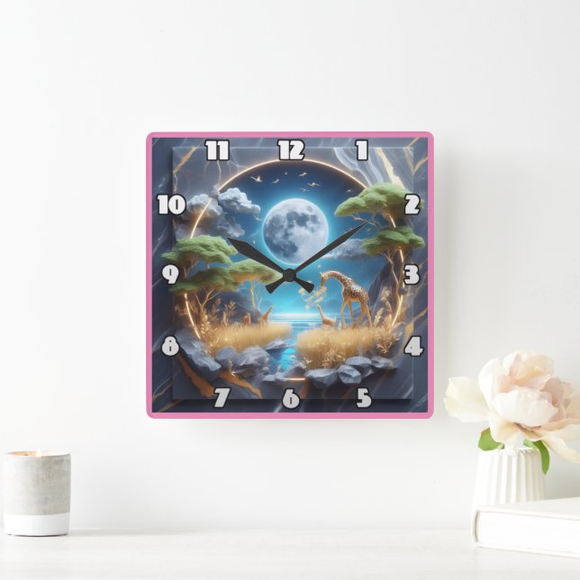 Horloge Carrée Giraffe errant sous le clair de lune en Afrique (Maison)
