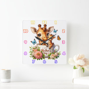 Horloge Carrée Giraffe Maman : Veau, Fleurs, Fête des Mères