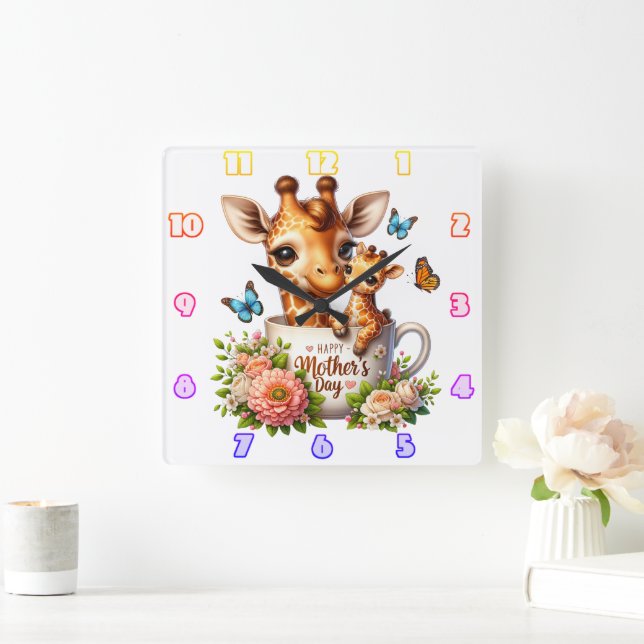 Horloge Carrée Giraffe Maman : Veau, Fleurs, Fête des Mères (Maison)