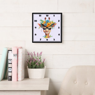 Horloge Carrée Giraffe mignonne à couronne florale