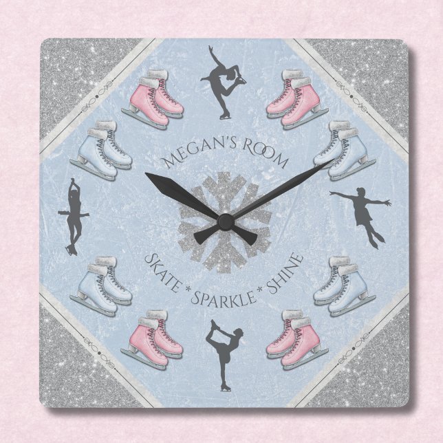 Horloge Carrée Girls Glitter Ice Rink Figure Skater Clock (Personalized bedroom decor for the young ice skater)
