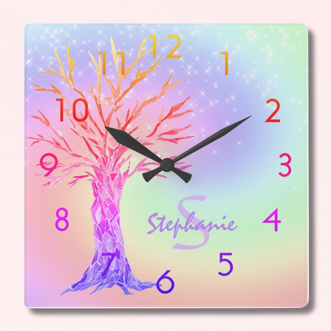Horloge Carrée Girly Rainbow Sparkles Monogram (Créateur téléchargé)