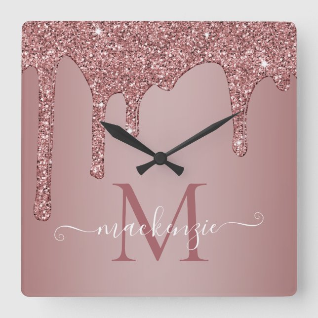 Horloge Carrée Girly Rose Gold Sparkle Glitter Drips Monogram (Recto)