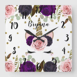 Horloge Carrée Glam Floral Sombre Paillettes Or Licorne Tendance 