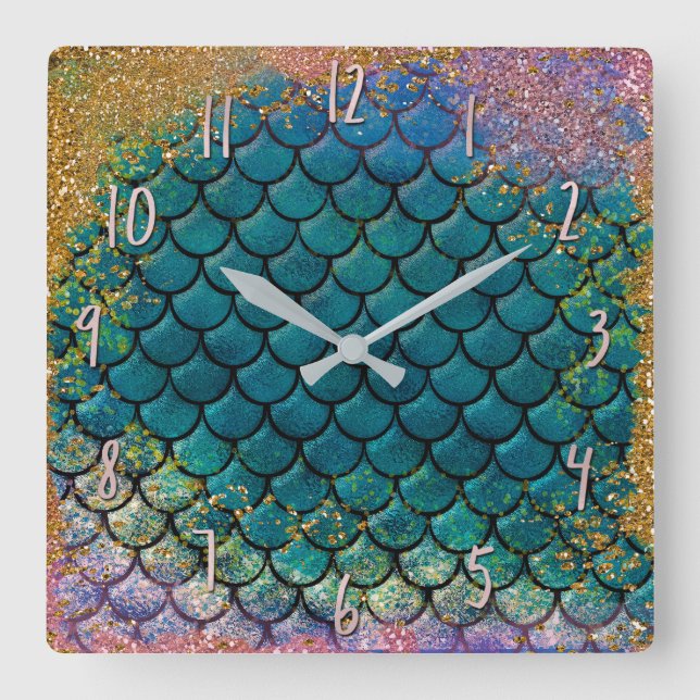 Horloge Carrée Glam Mermaid Balances de poisson Turquoise violet  (Recto)