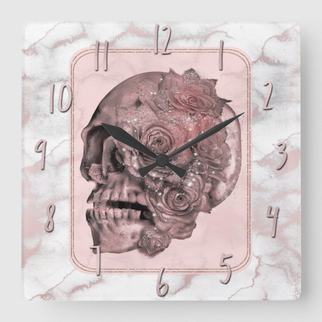 Horloge Carrée Glam Rose Gold Rose Skull Marbre (Recto)