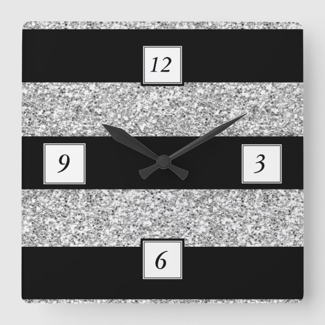 Horloge Carrée Glamor Black Stripes with Silver Glitter (Recto)