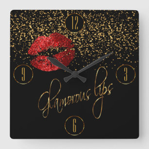 Horloge Carrée Glamorous Red Lips et Gold Confeti