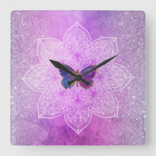 Horloge Carrée *Glitter Watercolor Yoga Butterfly Mandala