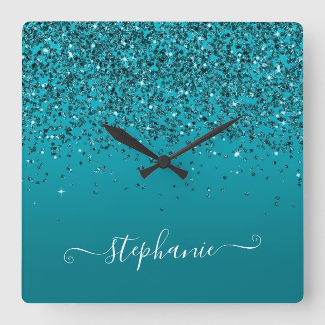 Horloge Carrée Glitterie Turquoise foncé Gradient Girly Calligrap (Recto)