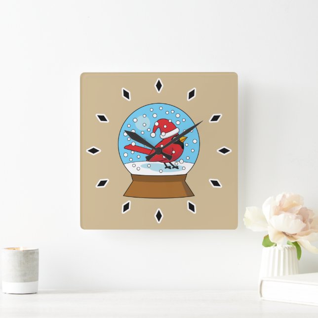 Horloge Carrée Globe des neiges avec cardinal rouge mignon (Maison)
