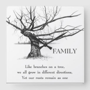 Horloge Carrée Gnarly Old Tree: Quote: FAMILY: Pencil Art